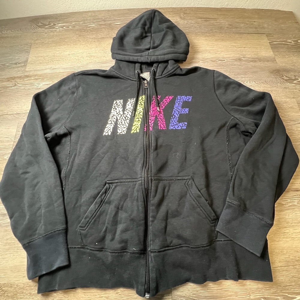 Nike Zip Hoodie girls XXL Black Multi Color Elephant Print Logo Sportswear